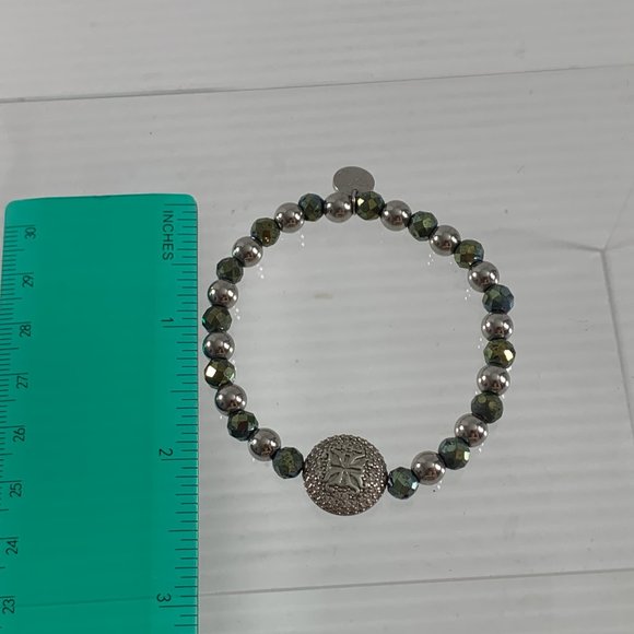 Rustic Cuff Beaded Stretch Bracelet Silver Tone Gray - Picture 7 of 7